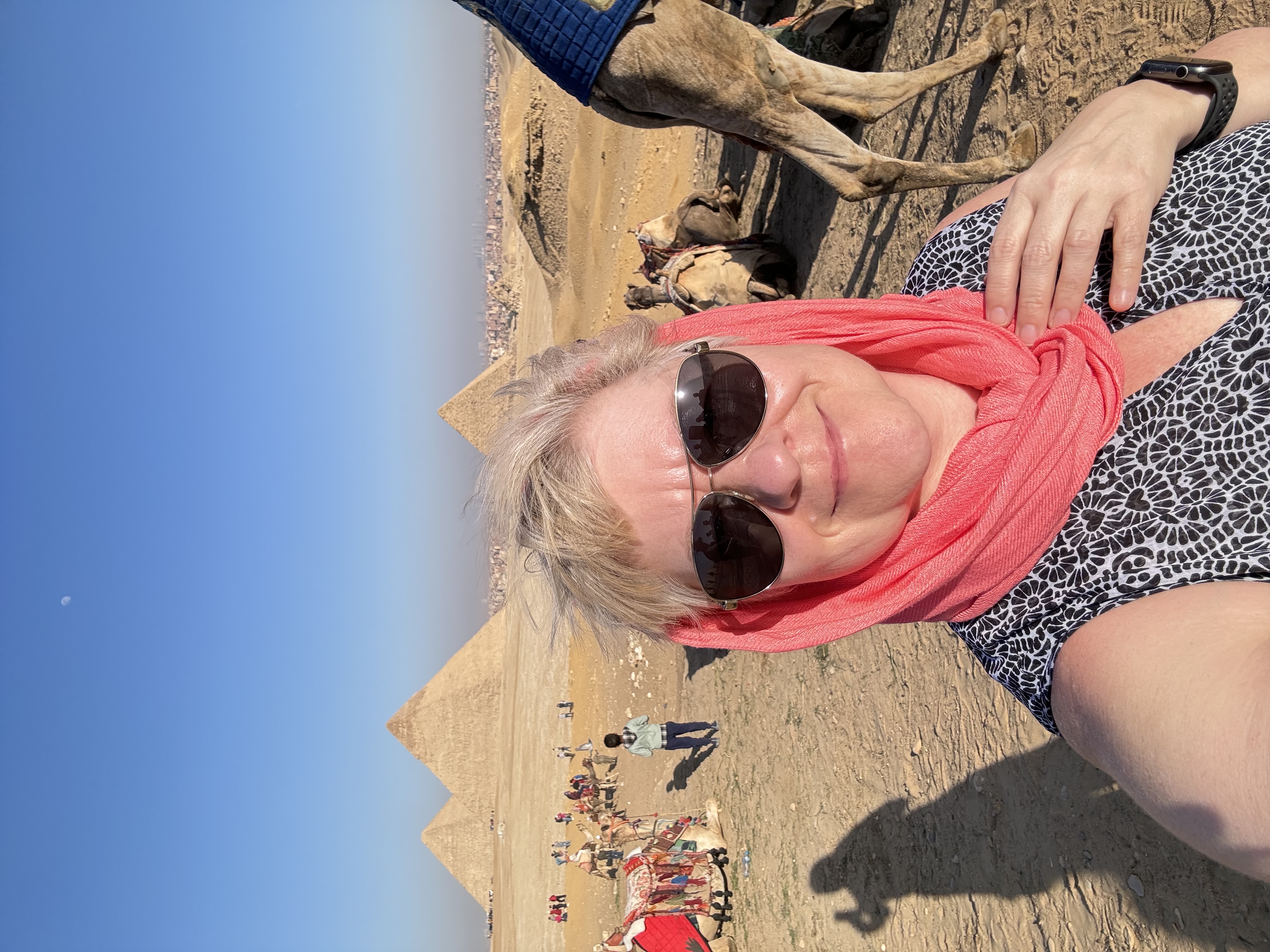 Helen King with the pyramids of Giza in Egypt