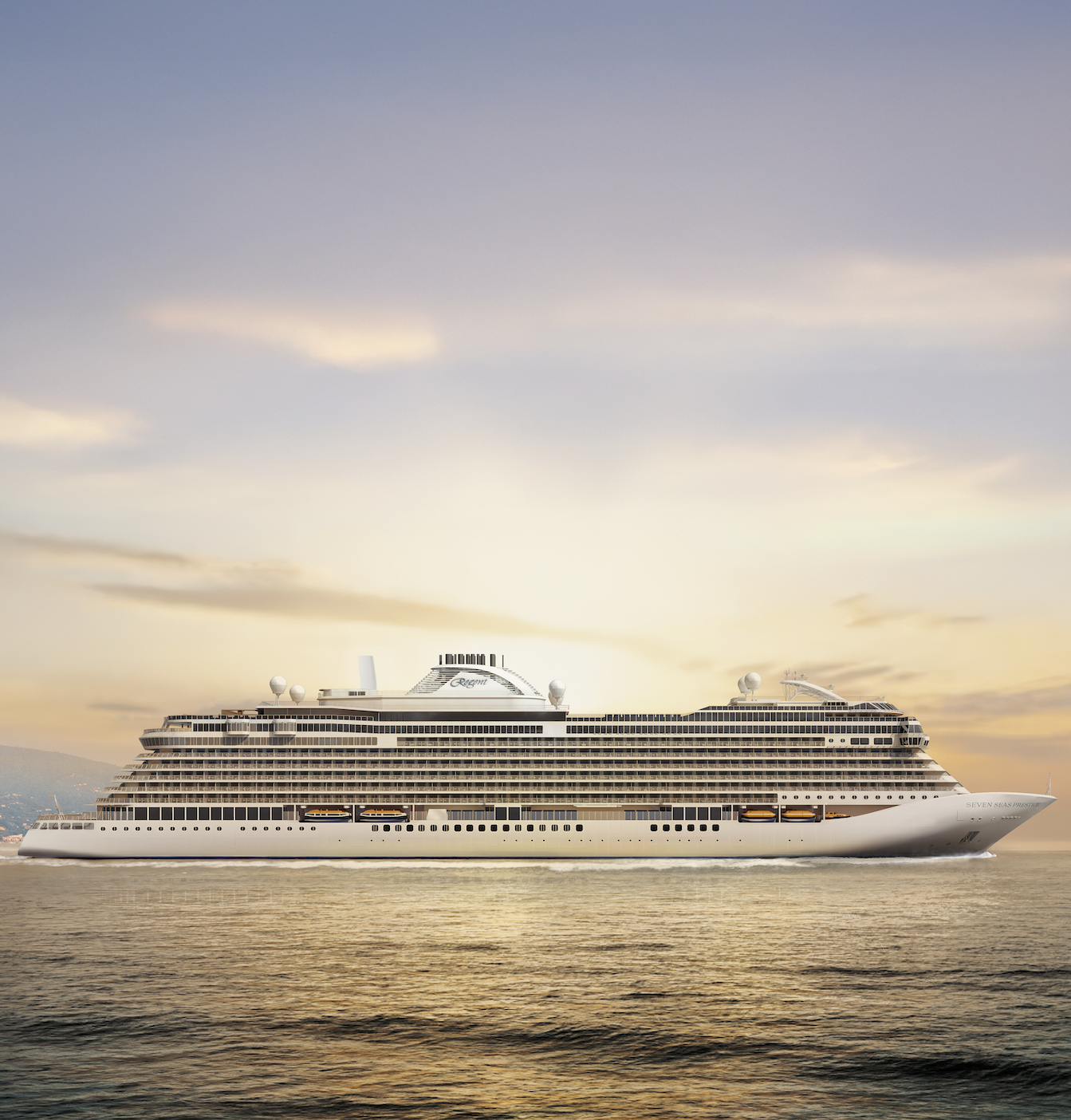 Regent Seven Seas cruise ship sailing across calm seas at sunset